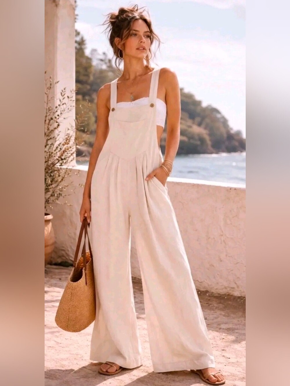 Risen Linen Wide Leg Overalls Jumpsuit Taupe Size Medium NWT